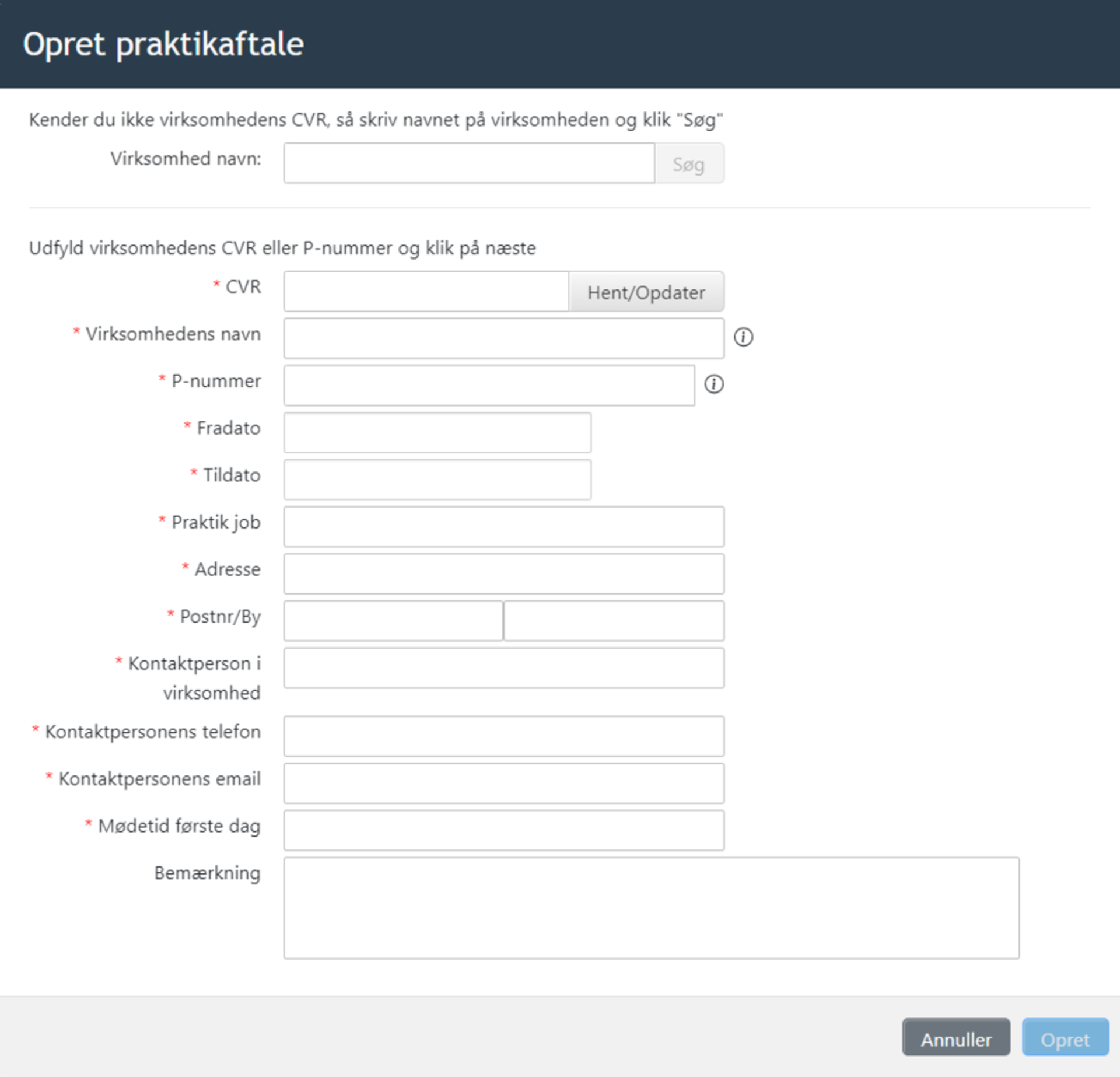 Screenshot af oprettelse af praktikaftale i Uno Ung