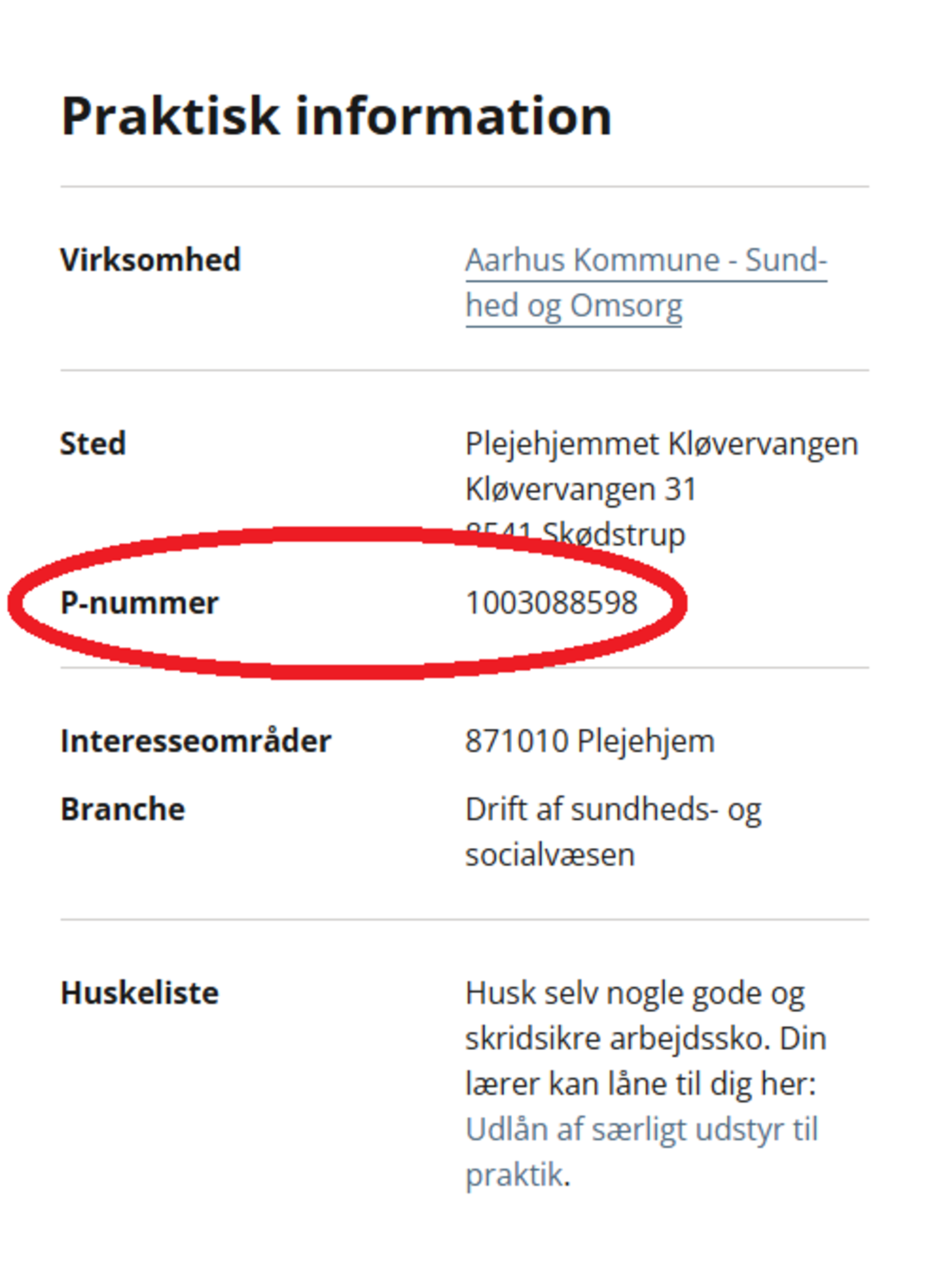 Screenshot af praktisk information